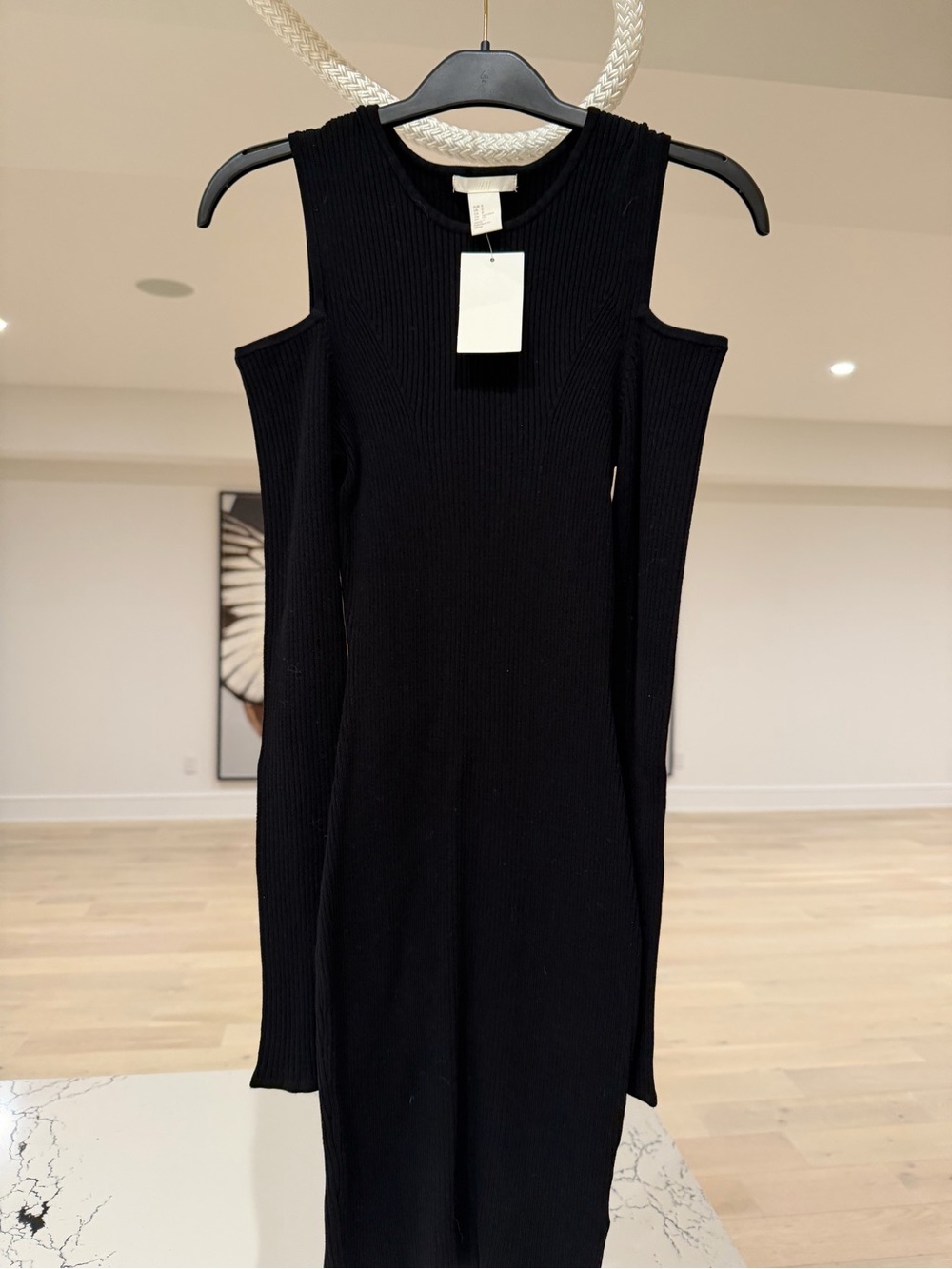 H&M Black Ribbed Cold-Shoulder Mini Dress